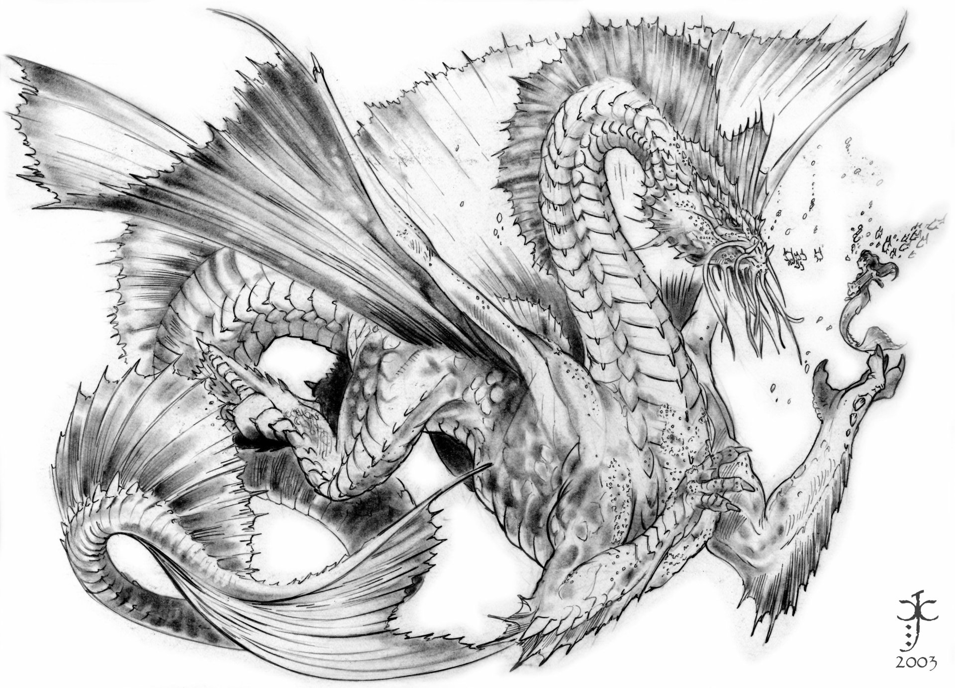 Detailed black and white fantasy dragon illustration with intricate scales and wings, rendered in 4K Ultra HD for a striking PC desktop wallpaper and background.