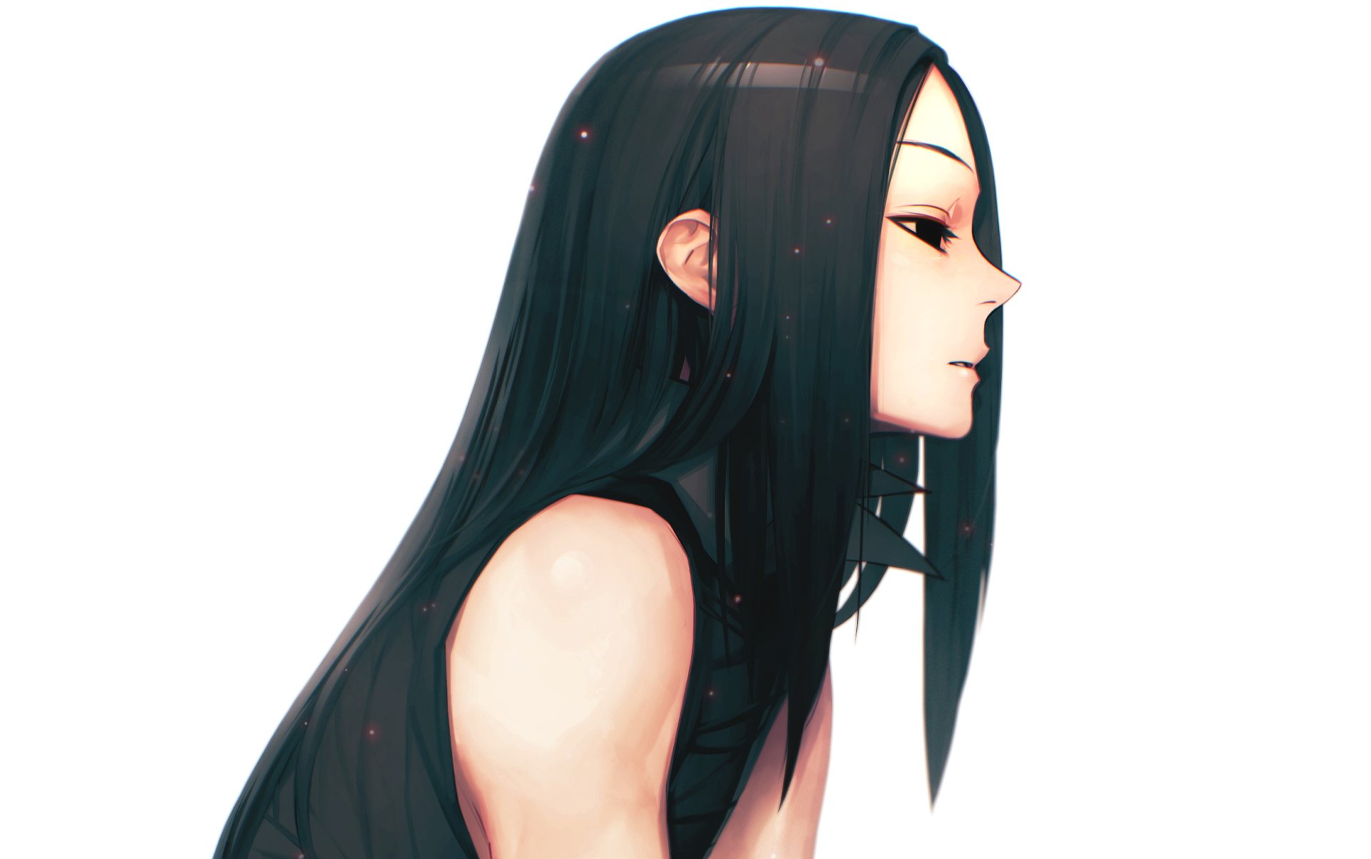 A sleek HD wallpaper featuring Illumi Zoldyck from Hunter x Hunter, showcasing his long black hair and captivating profile against a minimalist background.