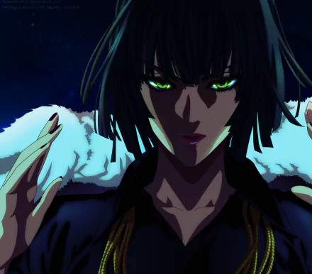 Fubuki from One-Punch Man stares intently, her striking green eyes and dark hair contrasting with a shadowy background, creating a vibrant HD anime wallpaper.
