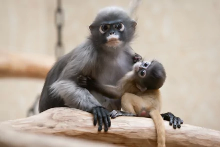 A cute baby Dusky Leaf Monkey clings to its parent, captured in stunning detail for a 4K Ultra HD PC desktop wallpaper and background.