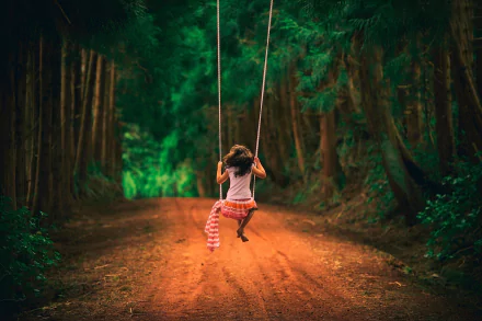 Cute child on a rope swing above a sunlit forest path, whimsical photography — HD PC desktop wallpaper and background.