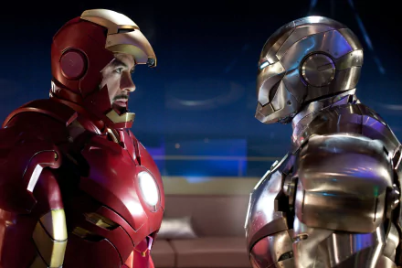 HD wallpaper featuring Robert Downey Jr. as Tony Stark/Iron Man facing off against War Machine in a scene from the movie Iron Man 2.