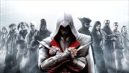 HD PC desktop wallpaper featuring the hooded protagonist from Assassin's Creed: Brotherhood with a group of characters in the misty background.