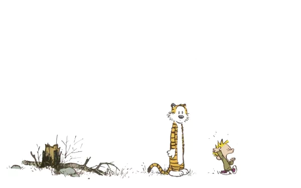 HD PC desktop wallpaper featuring Calvin and Hobbes from the Calvin & Hobbes comic, with Calvin excitedly running and Hobbes standing calmly nearby on a white background.