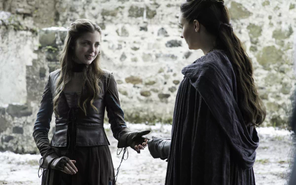 Sansa Stark and Myranda exchange a glove in a mossy stone courtyard — Game of Thrones TV still, 4K Ultra HD PC desktop wallpaper background.