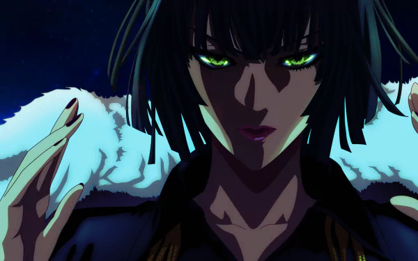 Fubuki from One-Punch Man stares intently, her striking green eyes and dark hair contrasting with a shadowy background, creating a vibrant HD anime wallpaper.