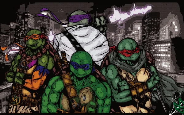 Comic-style 8K Ultra HD PC desktop wallpaper of the Teenage Mutant Ninja Turtles — four masked, battle-ready turtles posed in front of a gritty city skyline at night.