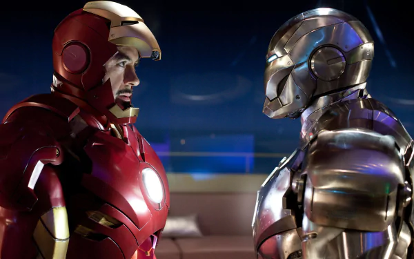 HD wallpaper featuring Robert Downey Jr. as Tony Stark/Iron Man facing off against War Machine in a scene from the movie Iron Man 2.