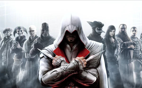 HD PC desktop wallpaper featuring the hooded protagonist from Assassin's Creed: Brotherhood with a group of characters in the misty background.