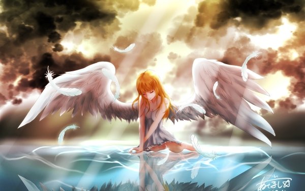 Anime Angel Wings Feather Cloud Water Reflection Sunbeam Fantasy Redhead HD Wallpaper | Background Image