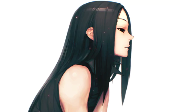 A sleek HD wallpaper featuring Illumi Zoldyck from Hunter x Hunter, showcasing his long black hair and captivating profile against a minimalist background.