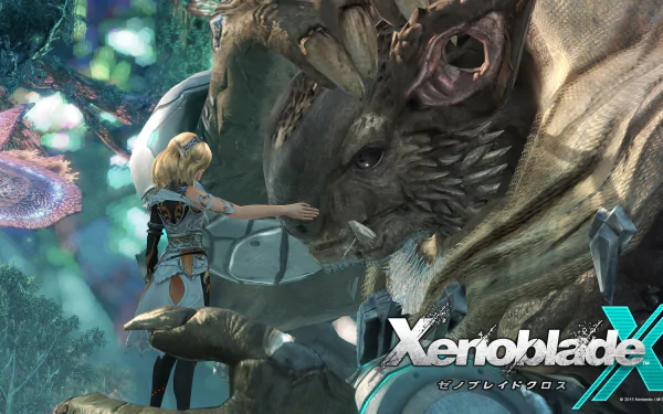 HD desktop wallpaper from Xenoblade Chronicles X featuring a character interacting with a large, majestic beast in a fantastical forest environment.