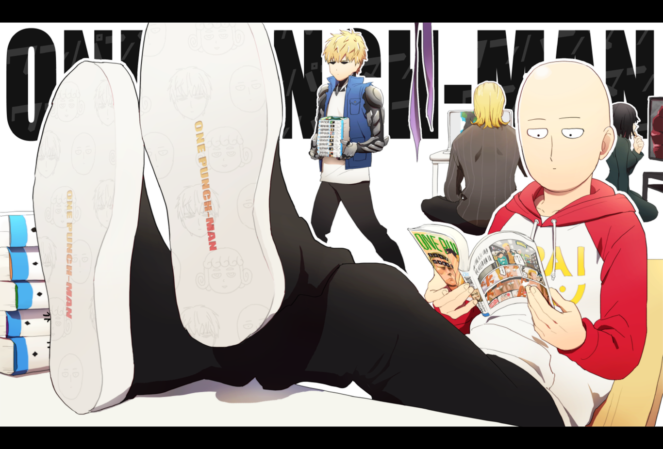 A colorful One-Punch Man HD wallpaper featuring Saitama reading, alongside Genos and Fubuki in the background. The design captures the essence of the popular anime series.