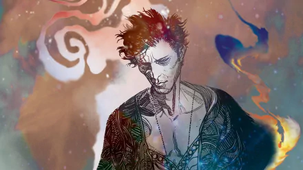 HD PC desktop wallpaper: The Sandman comic's brooding Dream in a patterned coat, pale face and dark hair, set against a swirling cosmic watercolor background.