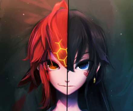 A captivating anime character with heterochromia, featuring vibrant red and black hair, set against a mystical background. This HD image serves as a striking desktop wallpaper.