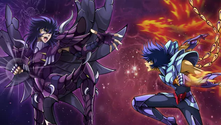Dynamic HD wallpaper featuring Garuda Aiacos and Phoenix Ikki from the anime Saint Seiya, showcasing an intense battle scene with vibrant colors and detailed armor.