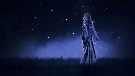 A fantasy scene of a woman in a flowing dress, standing in a grassy field under a starry blue night sky, creating a captivating and serene atmosphere. HD desktop wallpaper background.