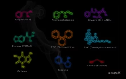 A vibrant HD desktop wallpaper features molecular structures representing various substances, showcasing themes of technology, physics, and chemistry against a dark background.