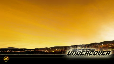 HD PC desktop wallpaper background for the video game Need for Speed: Undercover — golden sunset over a city skyline with the game's logo along the bottom.