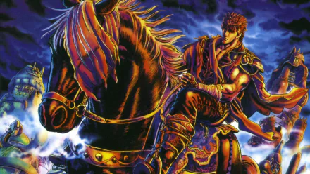 HD PC desktop wallpaper of Kenshiro (Fist Of The North Star) from the Hokuto no Ken video game Hokuto no Ken 7: Seiken Retsuden Denshōsha e no Michi — armored Kenshiro on a rearing horse in vivid colors.