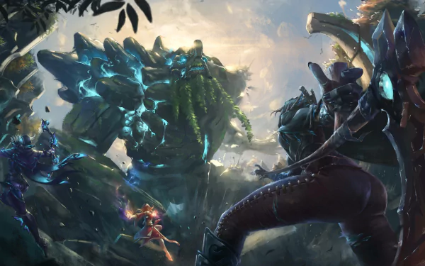 4K Ultra HD DotA 2 PC wallpaper featuring detailed heroes in an intense, mystical forest battle scene.