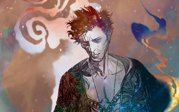 HD PC desktop wallpaper: The Sandman comic's brooding Dream in a patterned coat, pale face and dark hair, set against a swirling cosmic watercolor background.