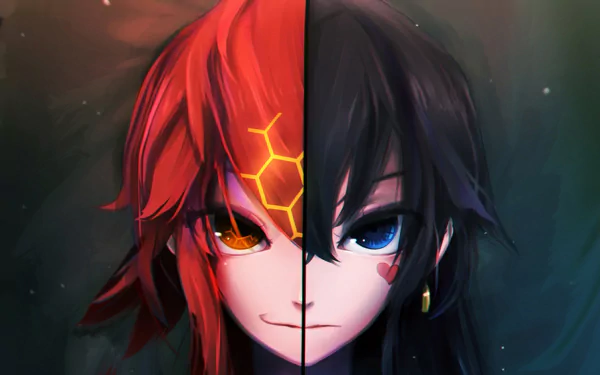 A captivating anime character with heterochromia, featuring vibrant red and black hair, set against a mystical background. This HD image serves as a striking desktop wallpaper.