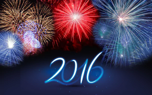 Vibrant fireworks light up the night sky above glowing 2016, celebrating the New Year in this HD desktop wallpaper and holiday background.