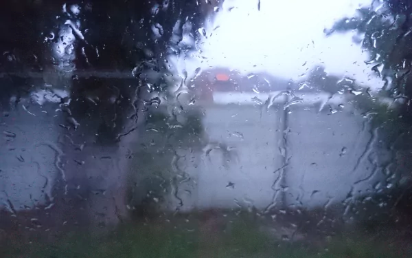 A captivating close-up of rain on a window, blurring the view of a fence and greenery outside, creating a serene, atmospheric backdrop for HD desktop wallpaper.