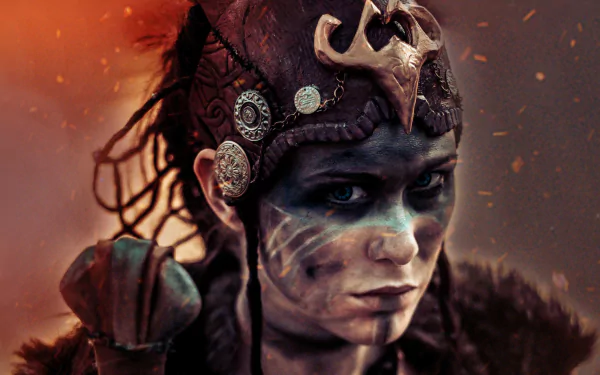 HD PC desktop wallpaper featuring Senua from the video game Hellblade: Senua's Sacrifice, showcasing her intense gaze and detailed tribal face paint.