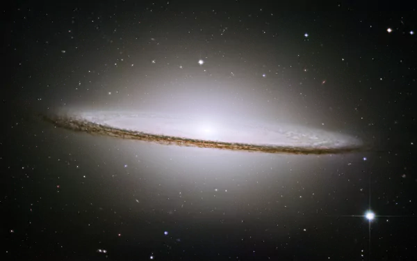 8K Ultra HD Sci-Fi space wallpaper depicting a luminous edge-on galaxy with a glowing core against a star-filled cosmic background.