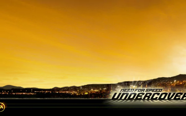 HD PC desktop wallpaper background for the video game Need for Speed: Undercover — golden sunset over a city skyline with the game's logo along the bottom.