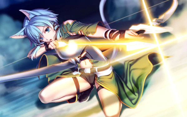 A dynamic HD wallpaper featuring Sinon from Sword Art Online II, depicted in an action pose with her bow, showcasing vibrant colors and an intense atmosphere.