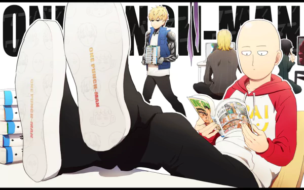 A colorful One-Punch Man HD wallpaper featuring Saitama reading, alongside Genos and Fubuki in the background. The design captures the essence of the popular anime series.