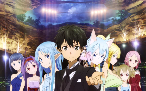 A captivating HD wallpaper featuring Kirito and several characters from Sword Art Online, including Asuna, Yui, Sinon, and Leafa, all in a vibrant, magical setting with pointed ears.