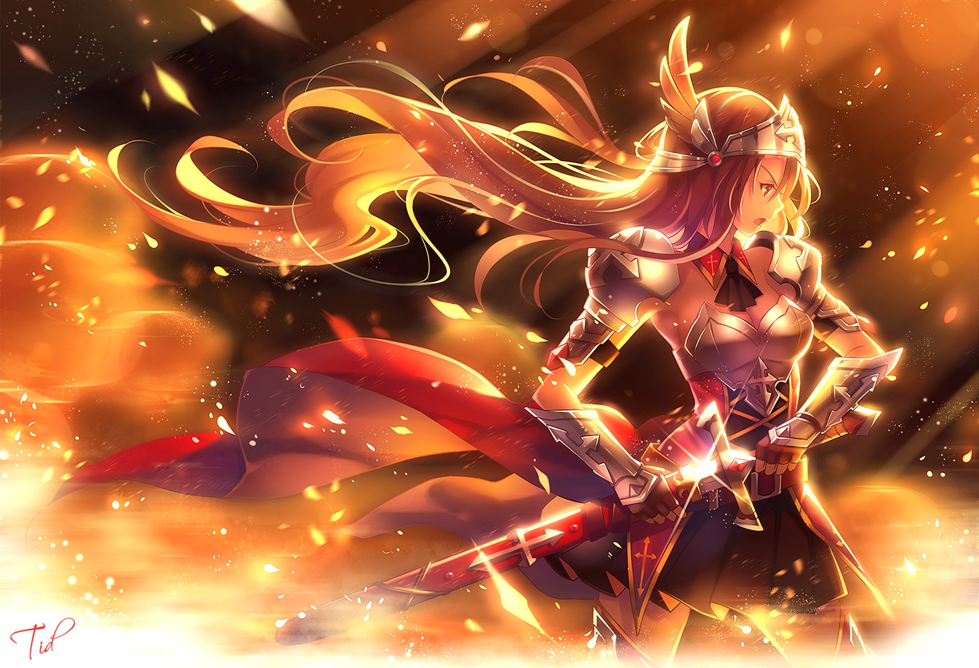 Download Blonde Long Hair Woman Warrior Armor Sword Anime Original HD Wallpaper By TID
