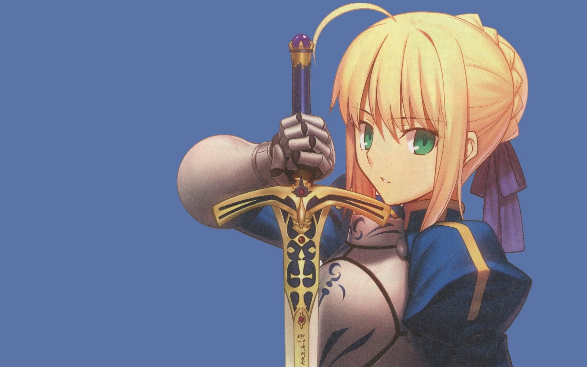 A vibrant HD wallpaper featuring Artoria Pendragon, the Saber from Fate/Stay Night, showcasing her iconic short blonde hair, striking green eyes, and Excalibur sword.