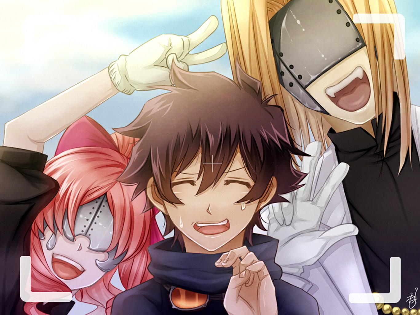 HD PC desktop wallpaper of Blood Blockade Battlefront: Leonardo Watch laughing between masked allies Femt and Aligura in a playful anime group pose.