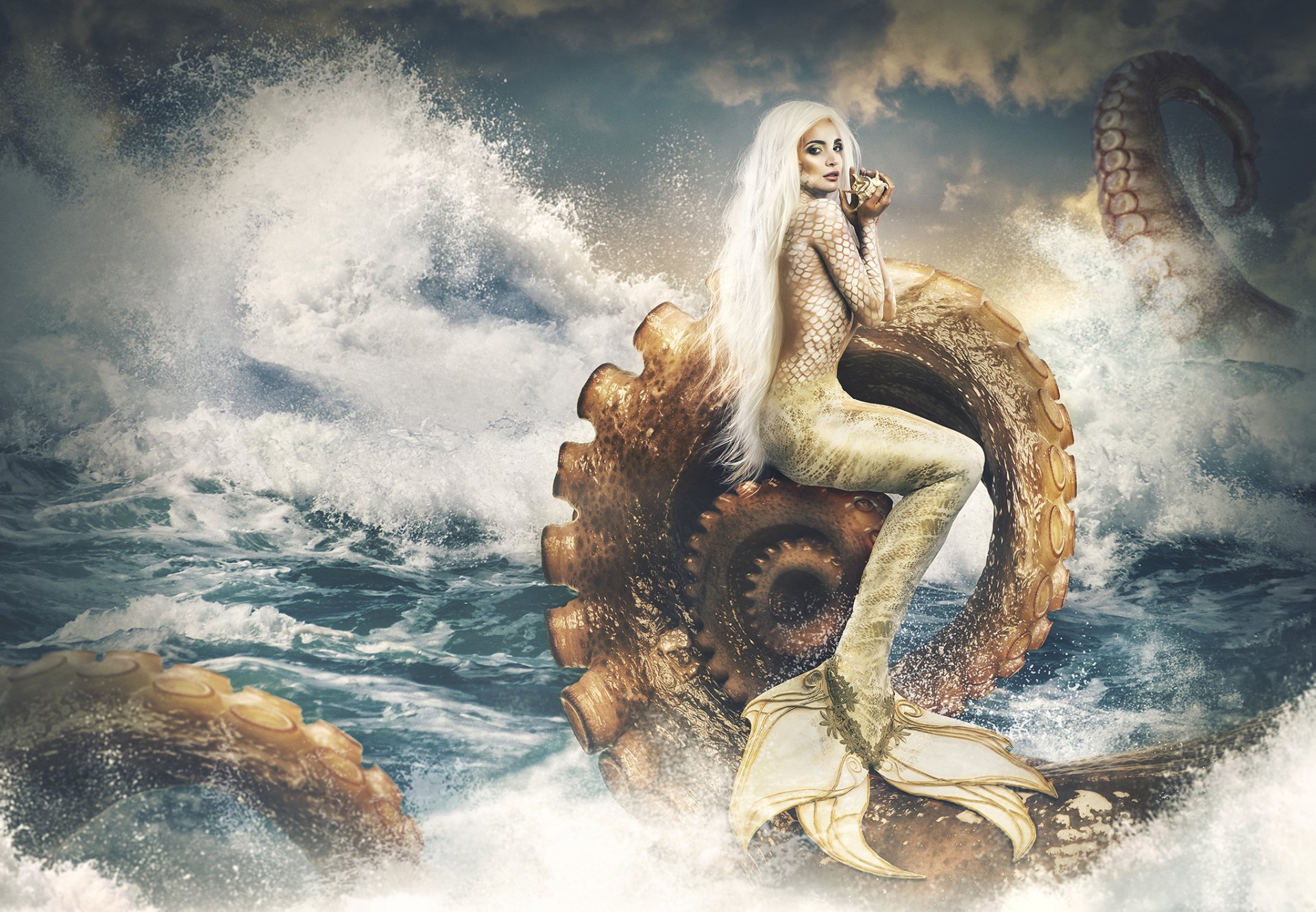 A fantasy mermaid with long white hair sits amidst giant octopus tentacles in a stormy sea, blending surreal manipulation with HD model detail.