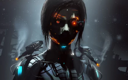 A stunning HD desktop wallpaper featuring a cyborg in a sci-fi setting, capturing intricate details of the character's design with glowing elements and a dark, atmospheric background.