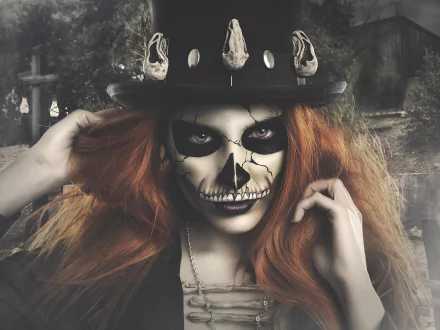 Artistic HD desktop wallpaper of a redhead model wearing a sugar skull mask and hat, with striking purple eyes set against a dark background.