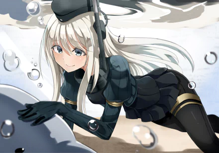 A smiling character with long white hair and grey eyes, wearing a uniform and hat, playfully interacts with bubbles underwater in this HD Kantai Collection anime wallpaper.
