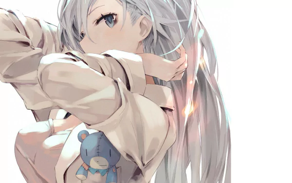 HD desktop wallpaper featuring Reine Murasame from Date A Live with long white hair, wearing a light-colored shirt, and holding a small blue stuffed toy.