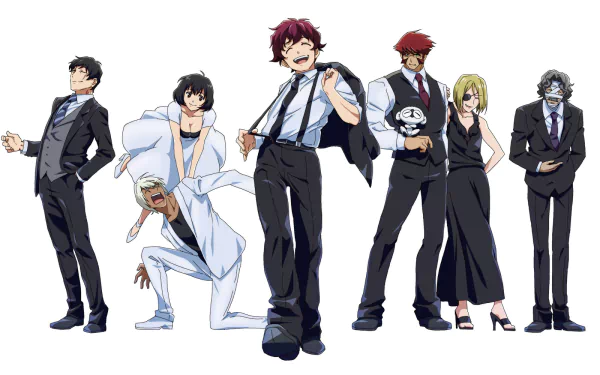 An HD desktop wallpaper featuring characters from Blood Blockade Battlefront, including Gilbert F. Altstein, Klaus Von Reinherz, Zapp Renfro, and others, showcasing stylish poses in suits.