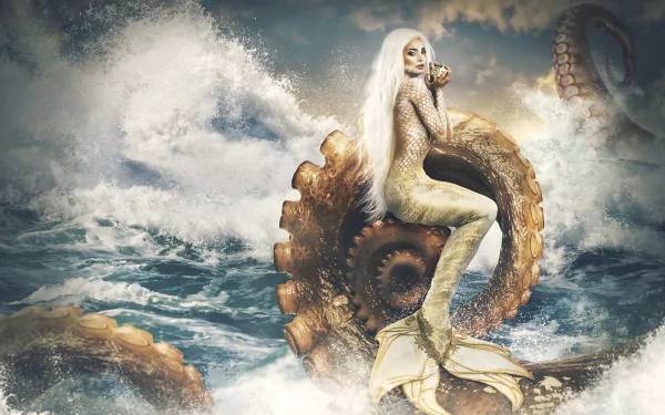 A fantasy mermaid with long white hair sits amidst giant octopus tentacles in a stormy sea, blending surreal manipulation with HD model detail.