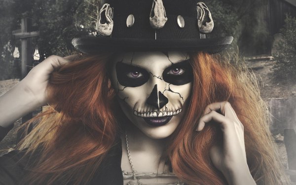 Women Artistic Model Redhead Hat Purple Eyes Dark Sugar Skull Mask HD Wallpaper | Background Image