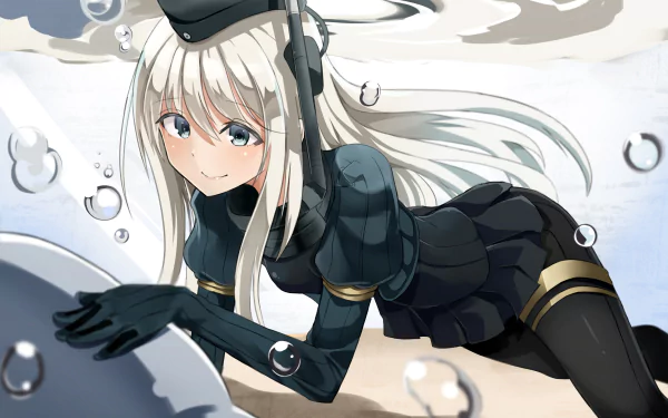 A smiling character with long white hair and grey eyes, wearing a uniform and hat, playfully interacts with bubbles underwater in this HD Kantai Collection anime wallpaper.