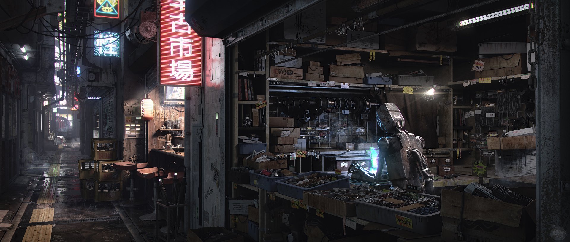 A high-definition sci-fi desktop wallpaper featuring a robot working amidst a cluttered, neon-lit market setting, blending futuristic elements with a gritty, urban atmosphere.