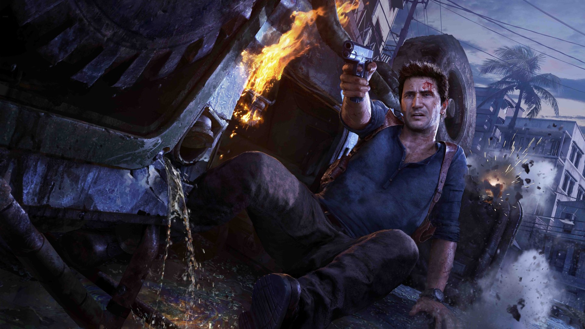 HD desktop wallpaper featuring Nathan Drake from the video game Uncharted 4: A Thief's End, shown in an intense action scene with a gun, explosions, and dramatic lighting.