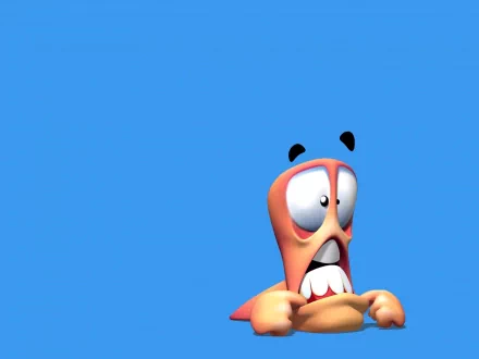 HD PC desktop wallpaper featuring a cartoon worm character from the Worms video game series against a solid blue background.